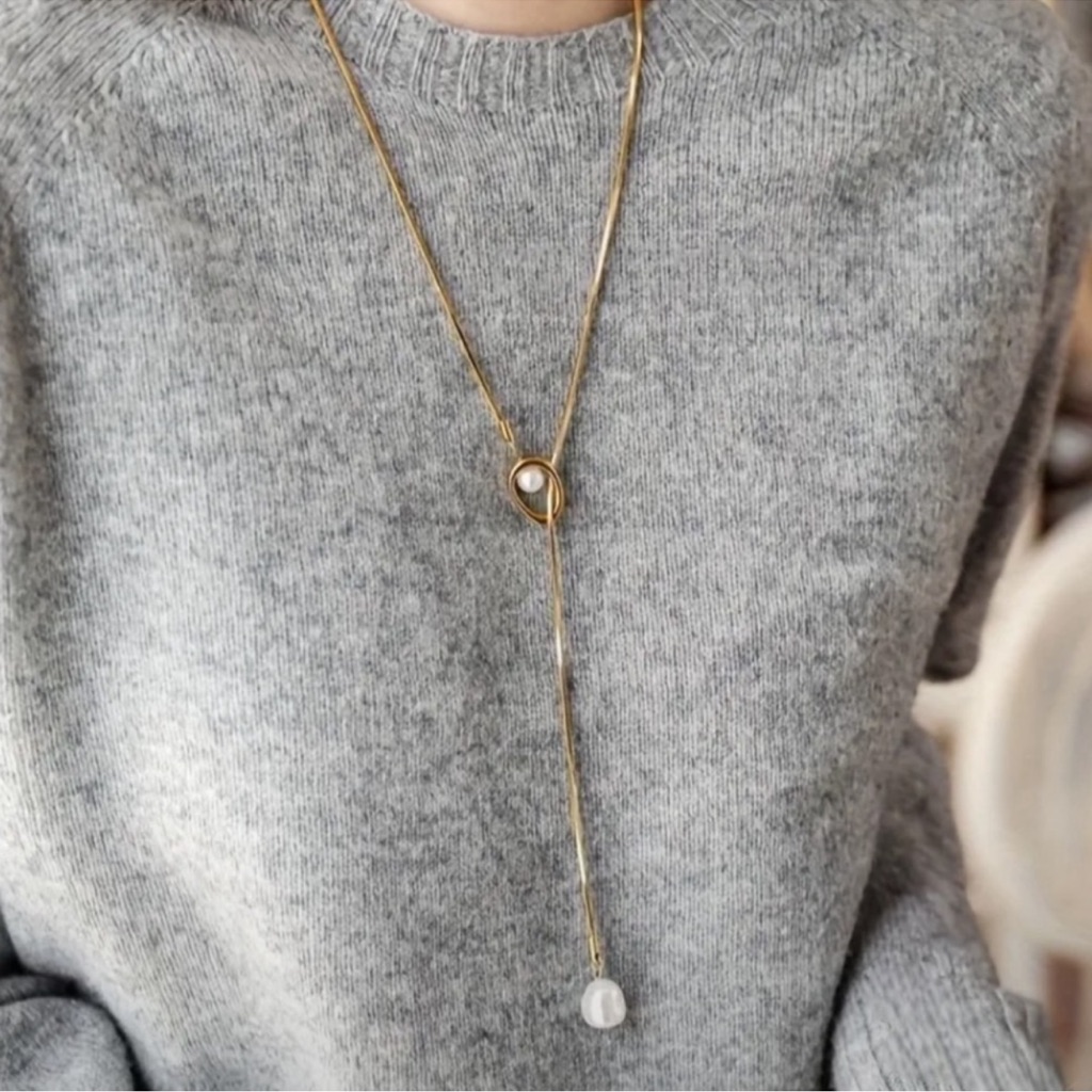 New 18k Gold Plated Pearl Lariat Necklace